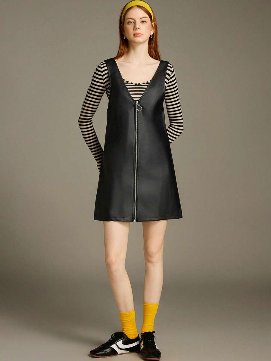 SHEIN ChicEase 女士纯色V领拉链PU皮革休闲无袖连衣裙 - 黑色 - 查看 1