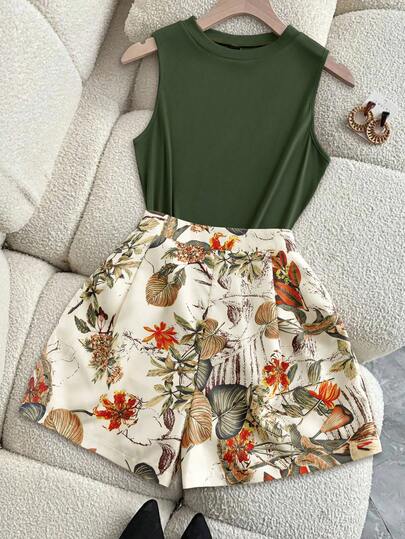 Franclia 大码女式无袖上衣和印花短裤套装，优雅度假休闲装，两件套