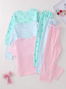 6pcs/Set Girls Minimalist Star Heart Striped All-Over Print Round Neck Short Sleeve & Long Sleeve Top And Pants Soft Pajamas Homewear Set - Multicolor - View 2