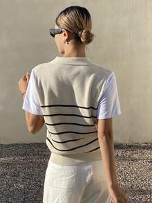 Livesso Women's Casual Striped Knit Polo Shirt - Apricot - View 2