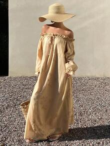 Livesso 女士休闲中长连衣裙，荷叶边泡泡袖，度假风连衣裙 - 米色 - 查看 6