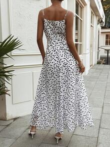 Livesso Đầm midi cổ chữ V chấm bi cho nữ, thích hợp đi nghỉ mát mùa hè. - Đen và trắng - Xem 2