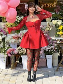 GalTyme Quần legging lưới màu đỏ quyến rũ, thời trang dành cho người có thân hình mũm mĩm, thích hợp cho ngày Valentine. - màu đen - Xem 4