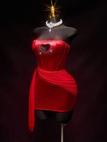 SHEIN ICON Đầm dự tiệc sang trọng, gợi cảm, đính đá hình trái tim, chất liệu satin, màu đỏ, thích hợp cho đám cưới, sinh nhật, kỳ nghỉ, ngày Valentine, hẹn hò, đêm tân hôn dành cho nữ. - Đỏ - Xem 6