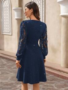 EMERY ROSE Women's Sequin Decor Casual Dress, Valentine's Day V-Neck Contrast Lace Long Sleeve Elegant Mini Dress Navy Blue Elegant Dress Lantern Sleeve Dress Long Sleeve Elegant Dress - Navy Blue - View 3