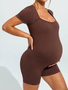 SHEIN 孕妇纯色心形领短袖休闲运动连体裤 - 咖啡棕 - 查看 5