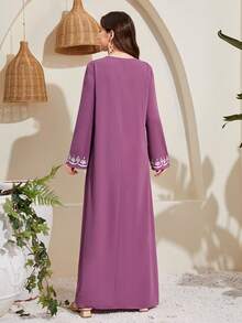 SHEIN Teen Girl Elegant Geometric Pattern Floral Print Notch Neck Long Sleeve Denim Long Maxi Dress - Purple - View 2