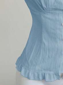 Elamini White Sexy Off-Shoulder Puff Sleeve Frill Trim Fitted Blouse, Slimming, Suitable For Spring/Summer Vacation - Baby Blue - View 6