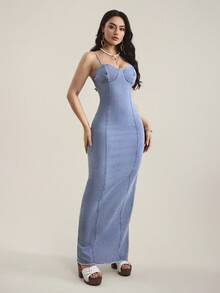 SHEIN Tall 女士修身鱼尾下摆优雅吊带牛仔连衣裙 - 淺色水洗藍 - 查看 4