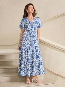 EMERY ROSE Đầm ngắn tay cổ chữ V in hoa thanh lịch dành cho nữ, thích hợp cho mùa hè. - Nhiều màu - Xem 5