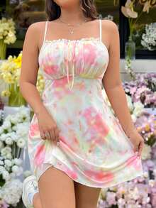 GalTyme 大码女式夏季透气网纱彩色花卉图案褶皱胸前蝴蝶结装饰吊带A字连衣裙 - 彩色 - 查看 1