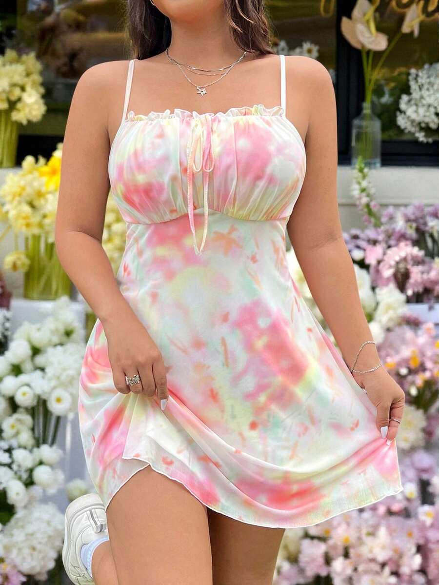 GalTyme 大码女式夏季透气网纱彩色花卉图案褶皱胸前蝴蝶结装饰吊带A字连衣裙 - 彩色 - 查看 1