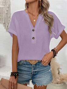 Lymera Camiseta de manga corta de unicolor con cuello en pico y botones, versátil y casual - Púrpura malva - Ver 4