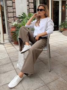 SHEIN 孕妇休闲水洗复古阔腿牛仔裤，适合春季、圣诞节、新年、感恩节、通勤、度假、毕业典礼等场合，时尚百变，可爱街头风，适合派对、婚礼、商务休闲等各种场合，女款 - 棕色 - 查看 7