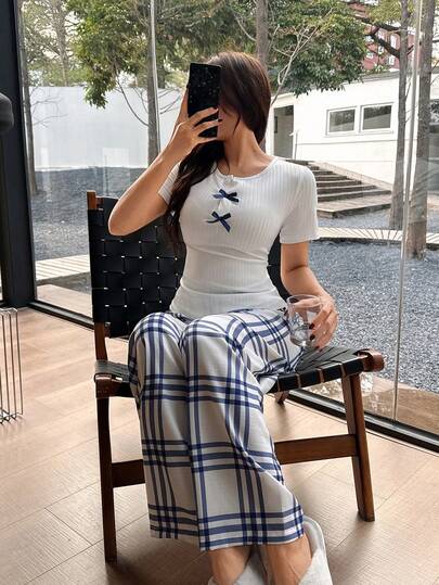 Dream Adore Women's Bubble Textured Plaid Print Pajama Set - Ribbed Top And Pants