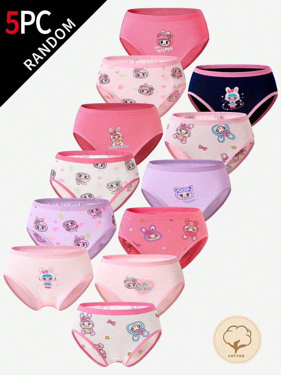 SHEIN 5条/套 女孩可爱兔子图案纯棉三角裤,颜色随机 - 彩色 - 查看 1