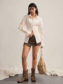 Easelle Áo sơ mi nữ dệt màu mơ, kiểu dáng thường ngày, đa năng, thắt chéo eo, thích hợp đi làm. - Màu be - Xem 3