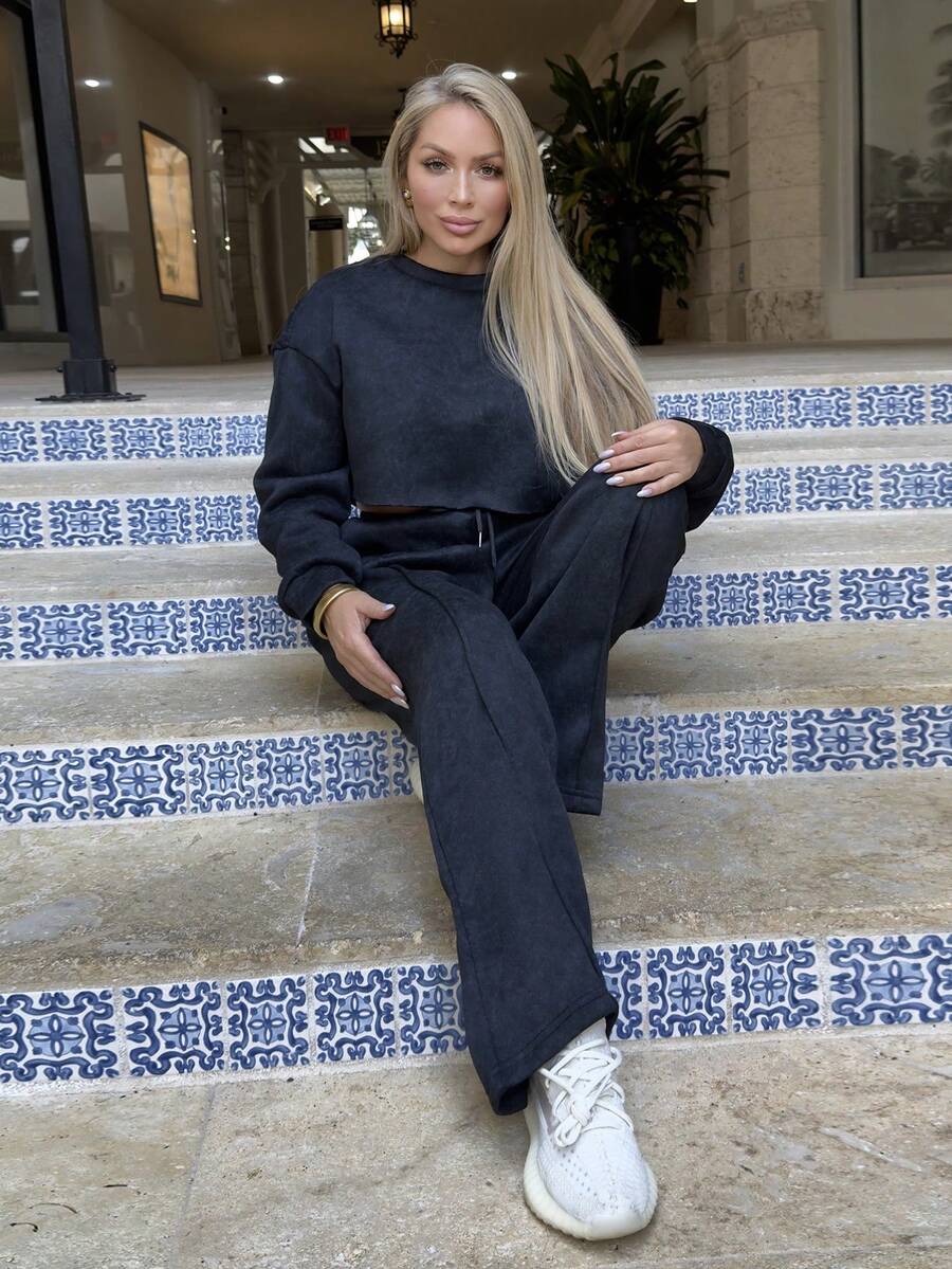 Cioccolato 女士休闲街头风格人造毛皮连帽宽松 2 件套运动服套装 - 黑色 - 查看 1