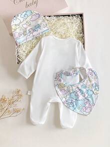 3pcs/Set Newborn Baby Cute Cartoon Bear, Star, Moon, Cloud Print Long Sleeve Romper, Bib, Hat, Infant Jumpsuit Outfit - White - View 2