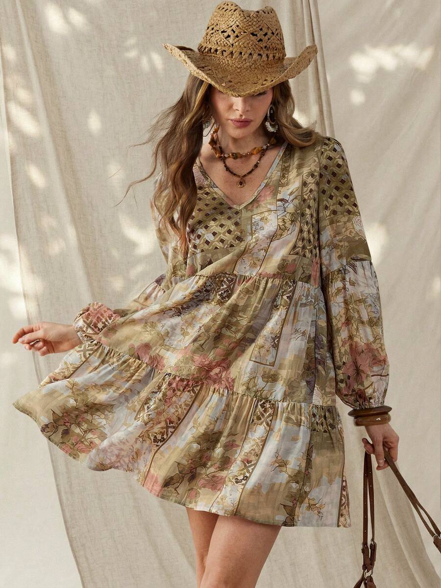 Wildy 女士度假休闲V领印花长袖短裙 - 彩色 - 查看 1