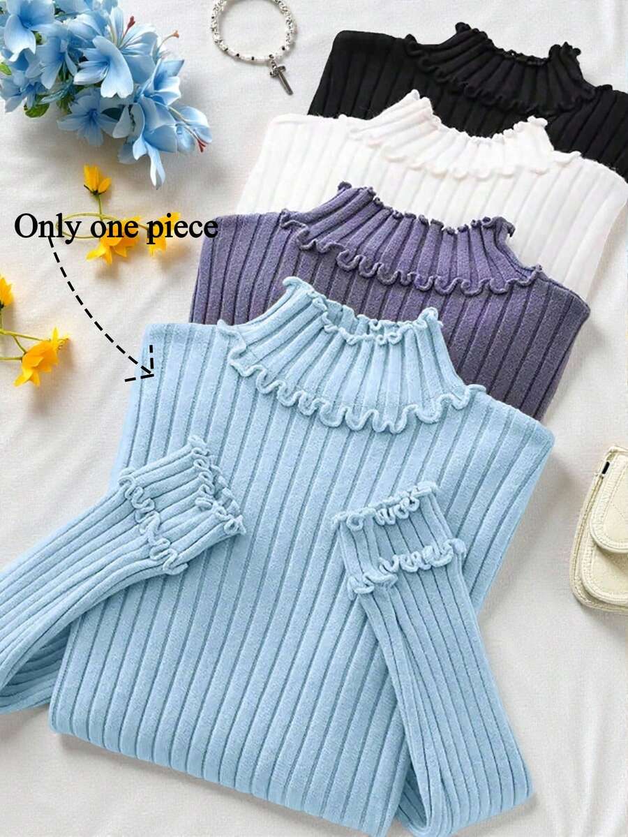 Franclia Áo len dệt kim gân nổi thanh lịch với viền bèo nhún, tay dài - Màu xanh nhạt - Xem 1