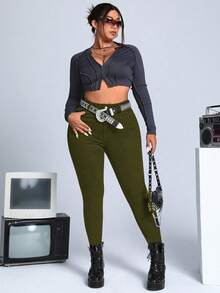 SHEIN ICON Jeans casuales y versátiles de talla grande, unicolor, con bolsillo en ángulo y silueta ajustada - Verde militar - Ver 5