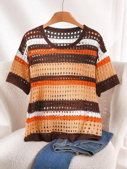 CosyJoli Plus Size Elegant French Style Colorblock Perforated Knit Hollow Out Pullover Top For Women, Spring/Summer