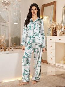 LuxeNights 女士绿色丛林豹纹翻领开衫长袖睡衣套装 - 綠色 - 查看 6