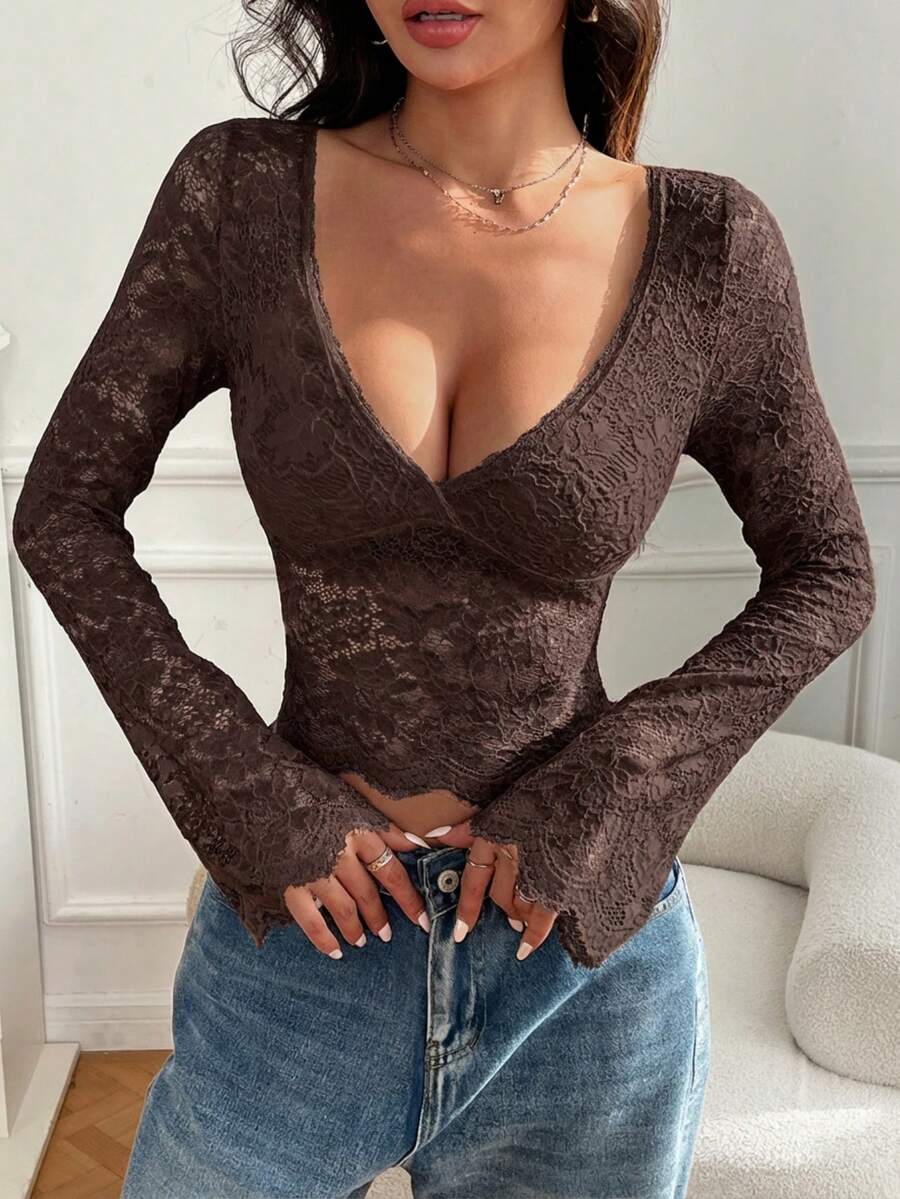 SHEIN EZwear Women's Brown V-Neck Long Sleeve Casual Shirt, Dark Coffee, Chocolate Brown, Suitable For Leisure And Vacation Wear, Spring/Summer - Brown - View 1