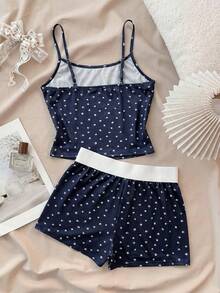 Conjunto de camiseta de tirantes blanca con encaje y shorts súper cortos con botones, estilo "Clean Girl/American BM" para adolescentes, primavera y verano, Día de San Valentín, hogar - Azul Marino - Ver 2