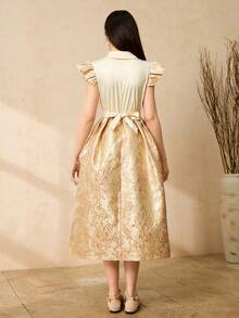 Vestido elegante para adolescentes com patchwork jacquard e barra com babados, primavera/verão. - Damasco - Ver 2