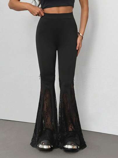 SHEIN Tall Damen Herbst Sommer Ganzjahres Goth Y2K Grunge Halloween Outfits Club Outfits Sexy Country Konzert Y2K Schwarze Spitzen Schlaghosen