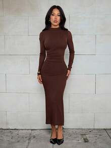 SHEIN PETITE 女士咖啡色长袖休闲连衣裙，适合城市通勤、商务、优雅派对、万圣节、圣诞节 - 棕色 - 查看 1