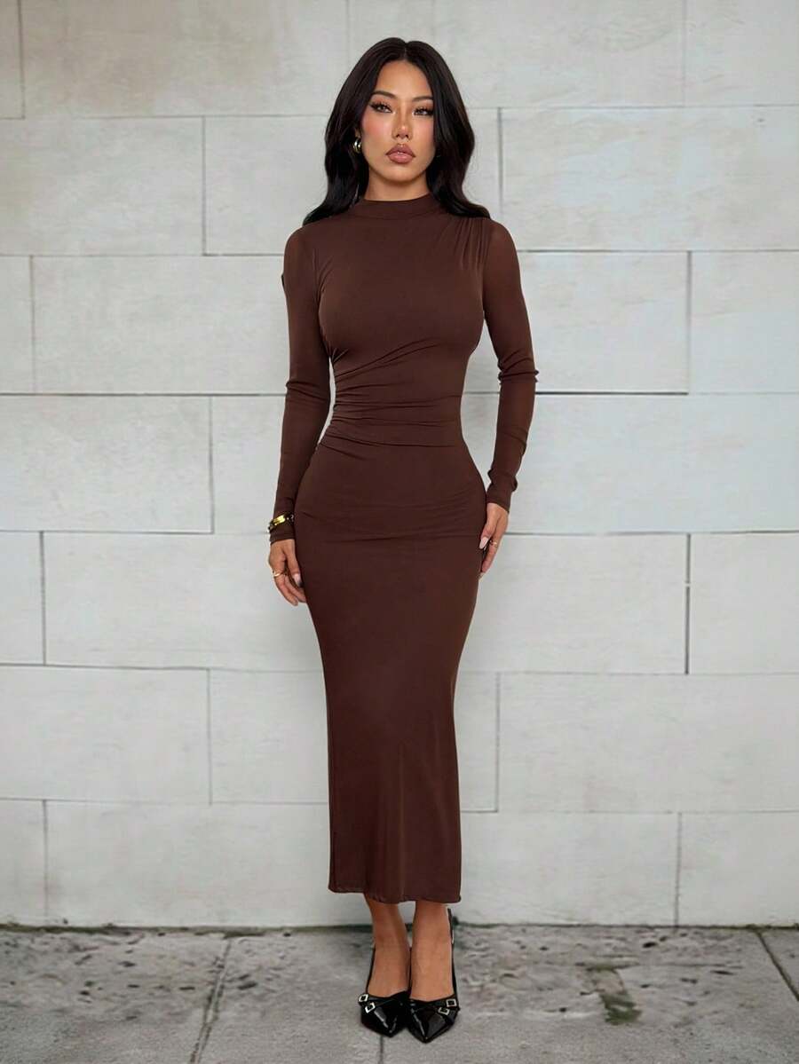 SHEIN PETITE 女士咖啡色长袖休闲连衣裙，适合城市通勤、商务、优雅派对、万圣节、圣诞节 - 棕色 - 查看 1