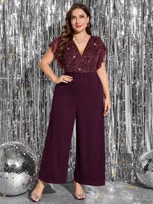 Gownix Plus Size Women's Elegant Shiny Jumpsuit, Suitable For Party And Gatherings, Black Jumpsuit With Pockets, Autumn/Winter - Burgundy - View 5