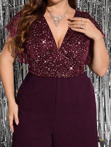 Gownix Plus Size Women's Elegant Shiny Jumpsuit, Suitable For Party And Gatherings, Black Jumpsuit With Pockets, Autumn/Winter - Burgundy - View 6