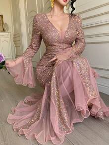 DAZY 春夏水钻闪亮优雅派对连衣裙，适合情人节、婚礼、宴会、舞会、时尚活动等场合，修身剪裁，收腰设计，及膝长度，粉色嘉年华闪亮连衣裙/吊带裙 - 粉色 - 查看 6