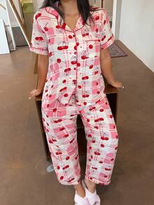 Dream Adore Plus Size Women Cherry Plaid Print Short Sleeve Pajama Set - متعدد الألوان - مشاهدة 6