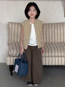 DAZY Girls Solid Color Sleeveless Jacket, Young Girl Fall Clothes - Khaki - View 2