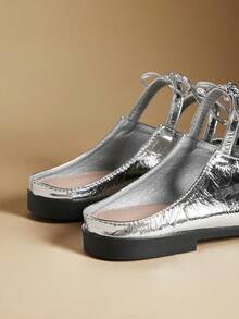 Rosivie Women's French Style Flat Slip-On Shoes, PU Fabric Woven Hollow Toe, Outdoor Versatile Ladies Mules - Silver - View 4