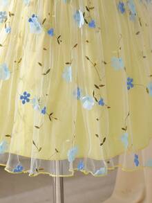 SHEIN Glamorique Kids 少女优雅吊带荷叶边短袖刺绣网纱层叠A字公主裙，适合节日派对、生日礼物、度假、夏季穿着 - 藍色 - 查看 8