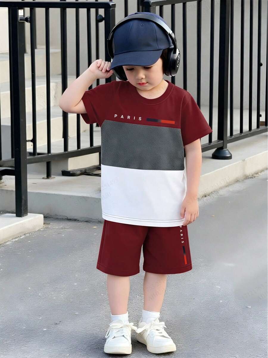 Fantacosmos 2件套幼儿男童巴黎字母图案印花拼接圆领短袖T恤和短裤套装，夏季休闲装，适合幼儿男童日常穿着和玩耍 - 彩色 - 查看 1