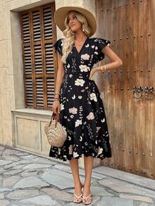 Breezaya Đầm midi kiểu quấn in hoa dành cho nữ, trang phục maxi cho nữ. - màu đen - Xem 6