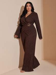 SHEIN BAE Spring/Summer Long-Sleeved Top Set, Pants Set, Knitted High-Elastic Set, Metal Buckle Set Brown Two Piece Set Women - Coffee Brown - View 6