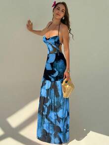 Aloruh Romantic Floral Print Dress With Spaghetti Straps And Open Back, Suitable For Dates, Vacations, Spring/Summer - Black - View 5