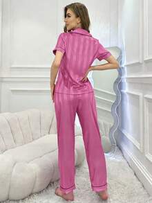 CoupledUp Faux Silk Striped Jacquard Contrast Trim Collar Pajama Set - Hot Pink - View 2