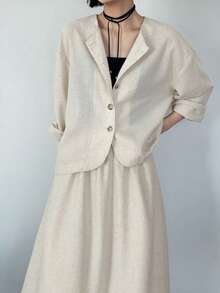 FRIFUL 2pcs Women Linen Dropped Shoulder Long Sleeve Loose Straight Pants Set - Beige - View 3