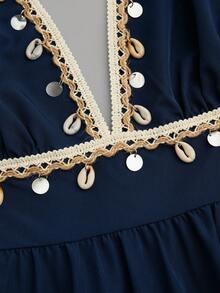 Sweetra Summer Sexy Fashion Versatile Elegant Lace Decor Cinched Waist Delicate Spaghetti Strap Slip Dress - Blue - View 5