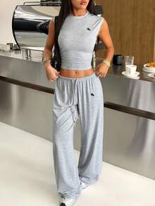 SHEIN EZwear 女士灰色刺绣针织休闲套装 - 淺灰色 - 查看 5