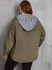 EMERY ROSE Plus Size Casual Washed Denim Jacket, Autumn - Army Green - View 2
